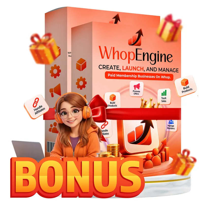 Whop Engine bonus badge with two product boxes and a mascot