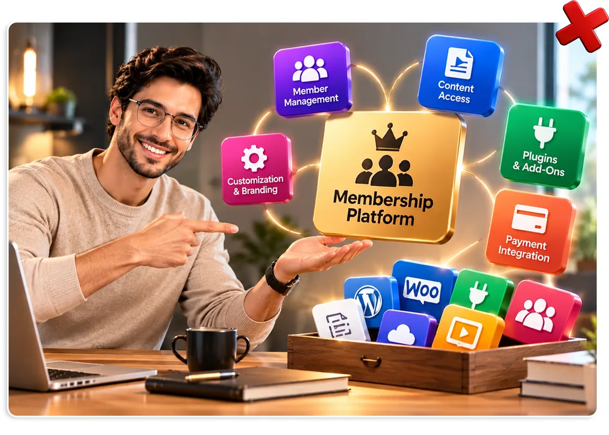 Person presenting a membership platform graphic with course, community, content access and payment icons