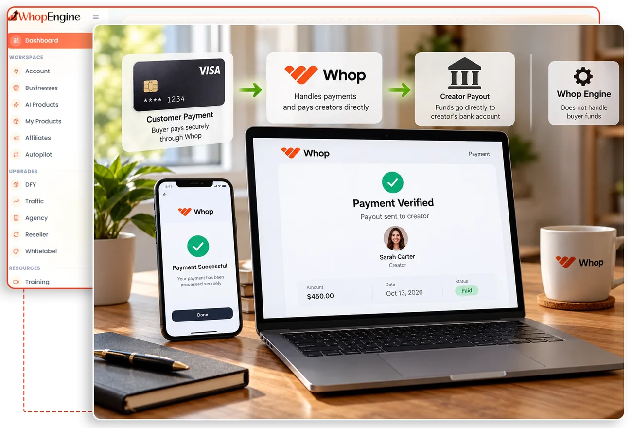 Laptop and phones showing Whop payment verified screens, with Whop collecting payments and payouts