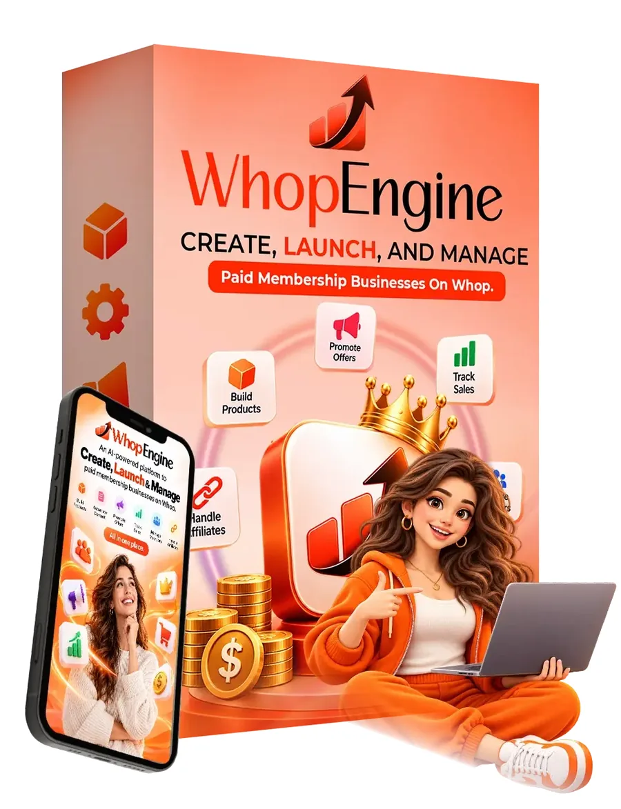 Whop Engine product box with a phone and a creator, used for the hot Whop niches list