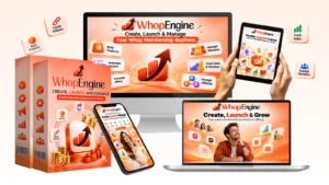 Whop Engine review: product box shown with a monitor, tablet and phone dashboard mockup