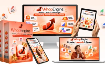 Whop Engine review: product box shown with a monitor, tablet and phone dashboard mockup