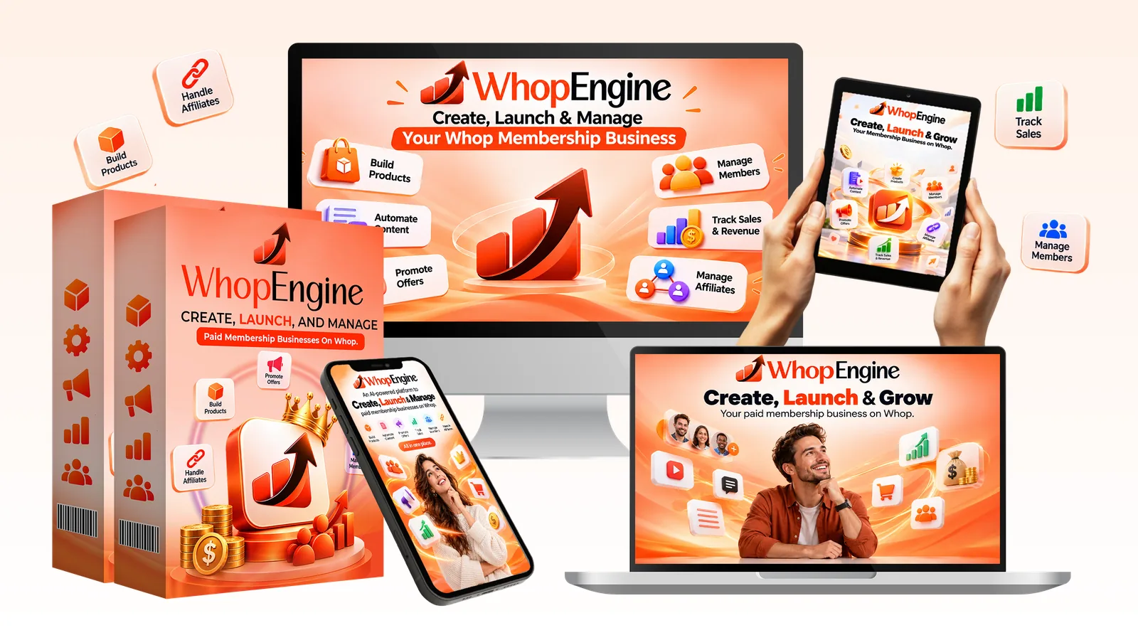 Whop Engine review: product box shown with a monitor, tablet and phone dashboard mockup