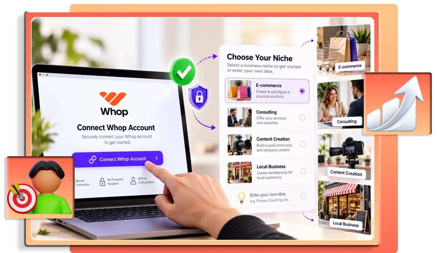 Whop Engine step 1: hand clicking Connect Whop Account on a laptop with a niche picker