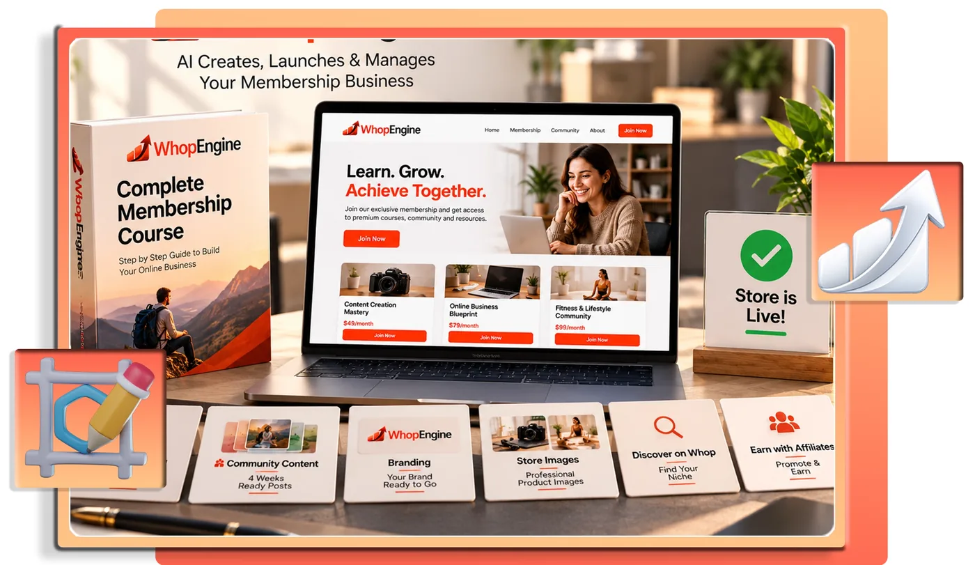 Whop Engine step 2: laptop showing an AI-built membership course, store and community