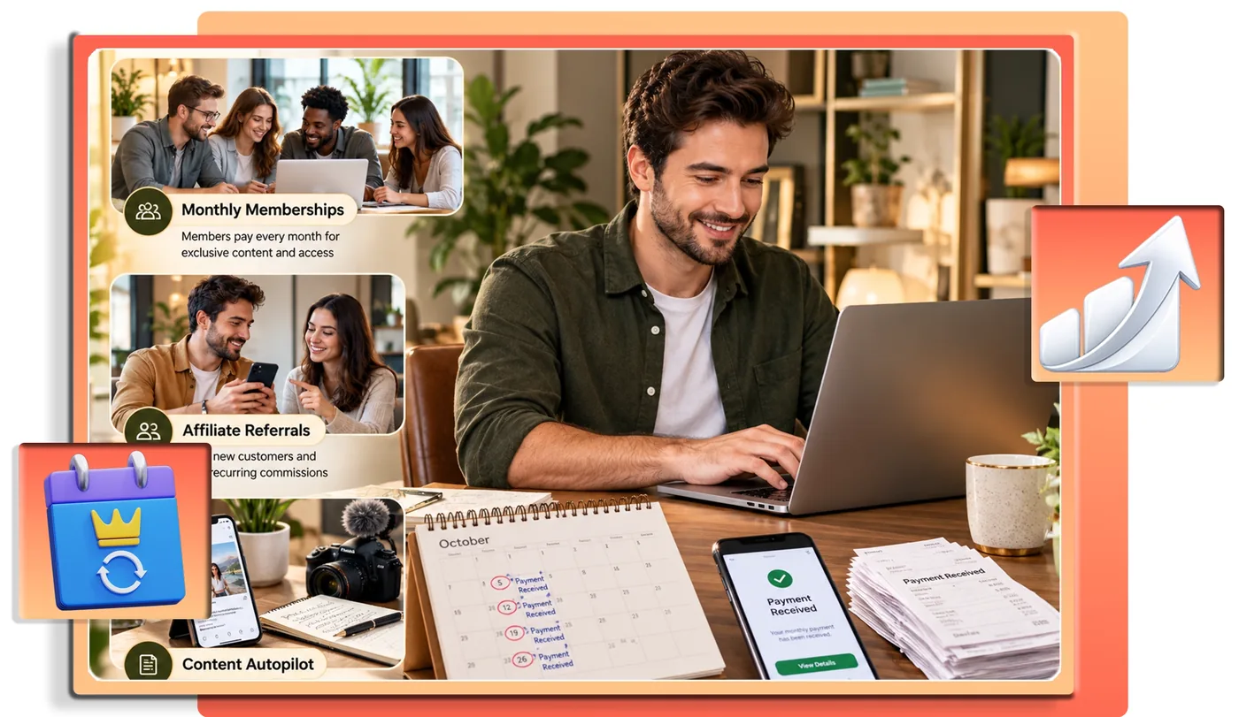 Whop Engine step 3: member payments, affiliate referrals and content autopilot shown around a laptop
