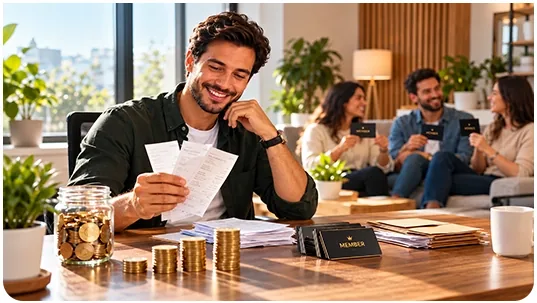 People around a table with coins and papers, illustrating building recurring membership income