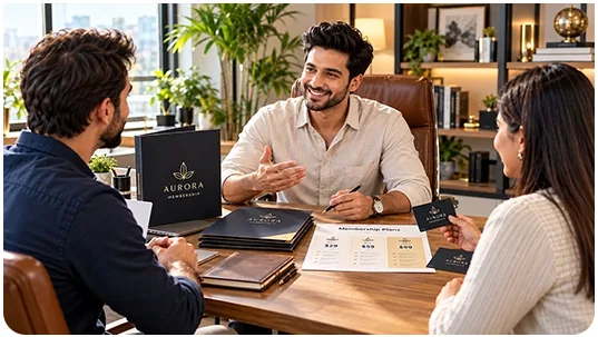 People in a business meeting reviewing branded materials, illustrating launching Whop businesses for clients