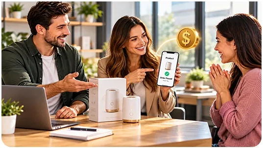 People looking at a phone and a product box, illustrating promotion through affiliates and Whop Discover