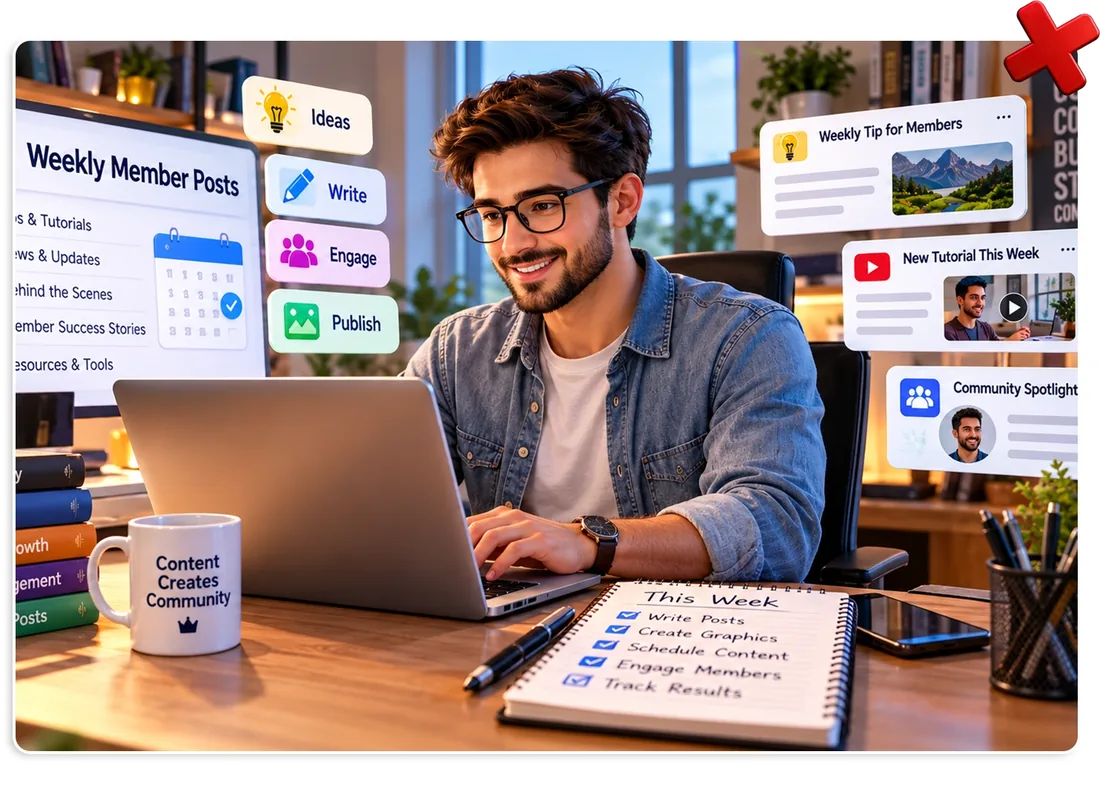 Person at a laptop with weekly member posts, tips and engagement cards